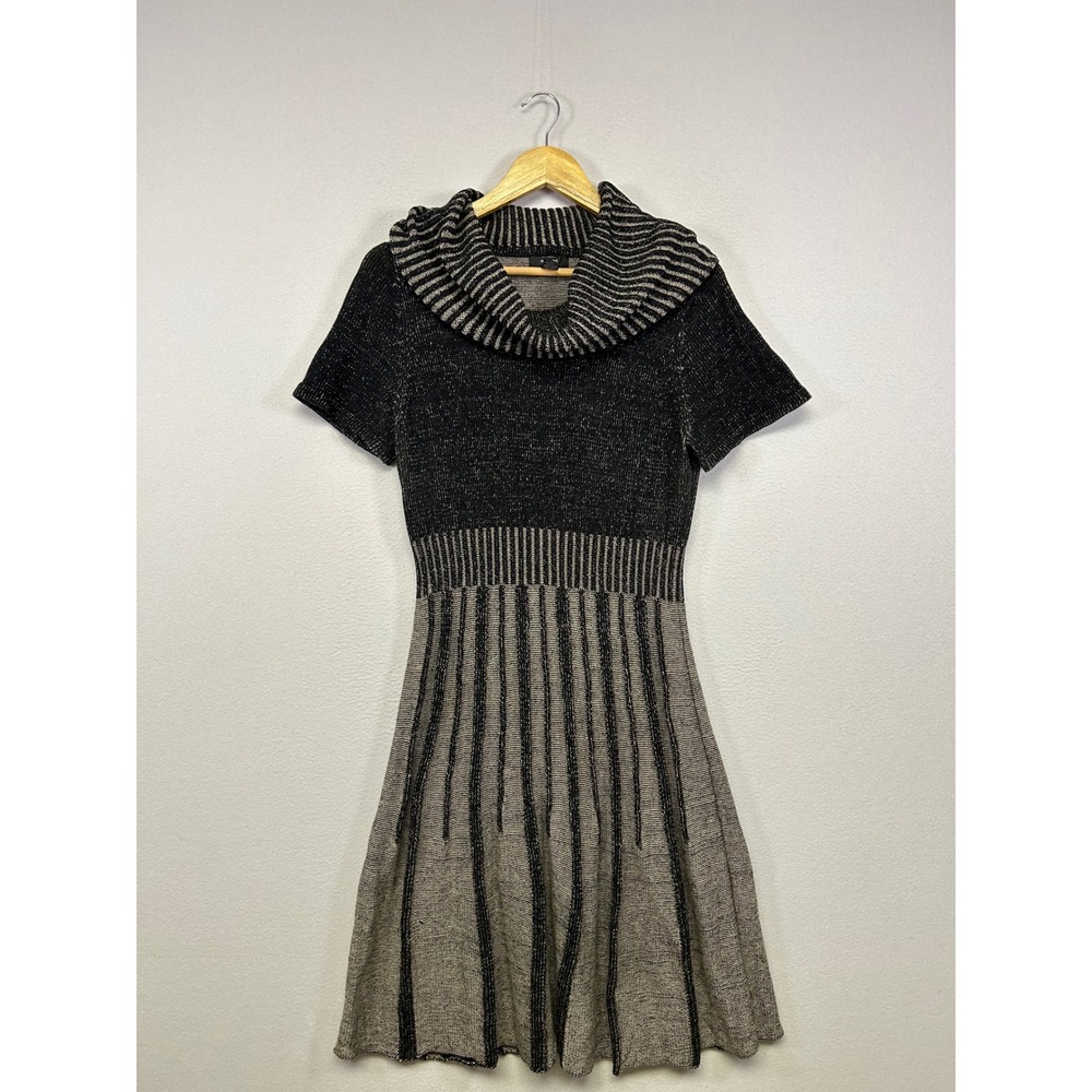 Dark Academia Alfani Women Large Black Gray Cowl Neck Striped Knit Sweater Dress